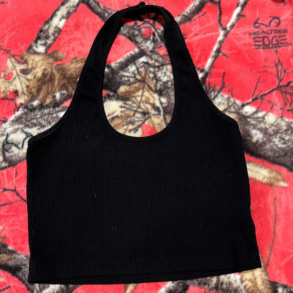 Dazy Black Ribbed Halter Top - Size Medium